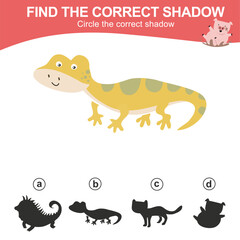 Find the correct shadow of the lizard. Matching animal shadow game for children. Worksheet for kid. Educational printable worksheet. Vector illustration file.