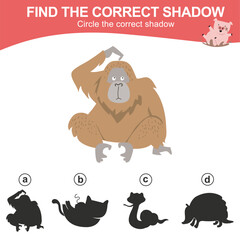 Find the correct shadow of the orang utan. Matching animal shadow game for children. Worksheet for kid. Educational printable worksheet. Vector illustration file.