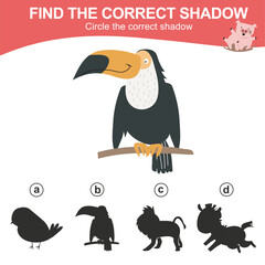 Find the correct shadow of the toco toucan. Matching animal shadow game for children. Worksheet for kid. Educational printable worksheet. Vector illustration file.