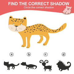 Find the correct shadow of the jaguar. Matching animal shadow game for children. Worksheet for kid. Educational printable worksheet. Vector illustration file.