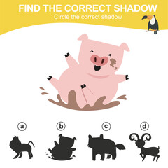 Find the correct shadow of the pig. Matching animal shadow game for children. Worksheet for kid. Educational printable worksheet. Vector illustration file.