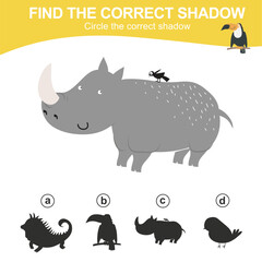Find the correct shadow of the rhinoceros. Matching animal shadow game for children. Worksheet for kid. Educational printable worksheet. Vector illustration file.