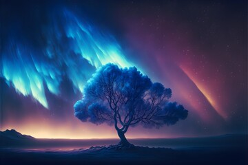 Plakat Northern Lights with tree blue background super realistic hyper detailed dramatic lighting 4k 