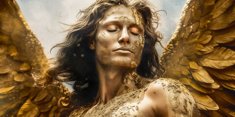 Dark Warrior angel in gold with massive wings. Fallen dark angel. digital ai art