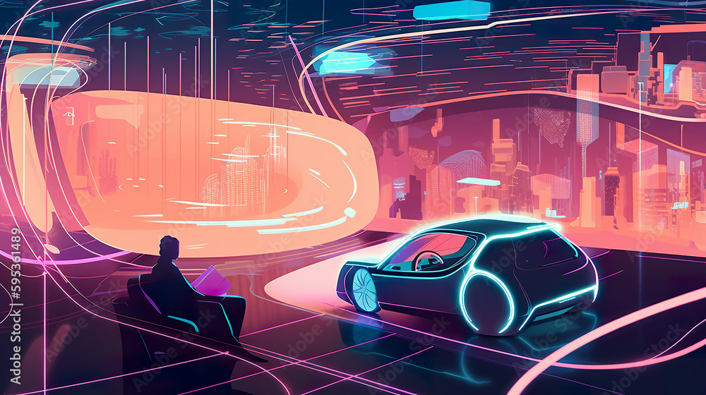 Poster futuristic electric car grid system that uses ai to generate efficient routes and maximize the shari