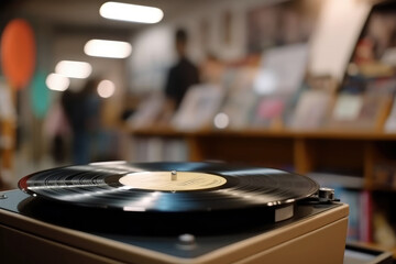 vintage vinyl record on a turntable with a blurred music store in the background, copyspace for text, generative ai