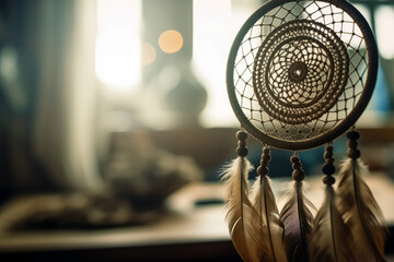 dreamcatcher with a blurred bohemian room in the background, copyspace for text, generative ai