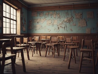 Empty classroom with vintage tone wooden chairs. Back to school concept. Generative Ai
