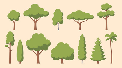 Flat trees set. Flat forest and topical trees. Vector illustration