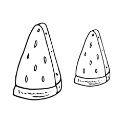 Watermelon slices in line style. Isolated hand drawing vector illustration. Doodle simple outline.