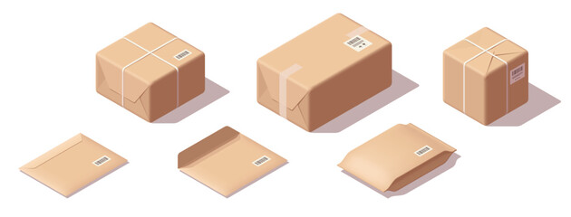 Isometric carton box set. Different types of cardboard boxes. Box for goods, delivery and gifts. Vector illustration