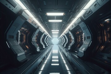 A futuristic spaceship tunnel in 3D with a sci-fi space corridor background. Generative AI