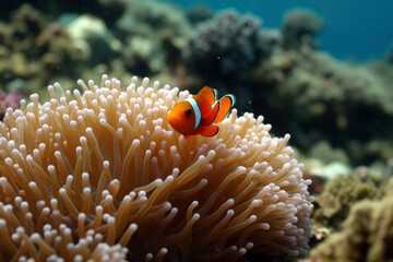 Fototapeta na wymiar beautiful coral reef with a single clownfish in focus and a blurred underwater environment, copyspace for text, generative ai