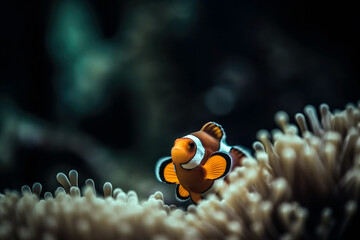 Naklejka na ściany i meble beautiful coral reef with a single clownfish in focus and a blurred underwater environment, copyspace for text, generative ai