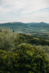 View of Tuscany farmland and mountains on an overcast day in       It