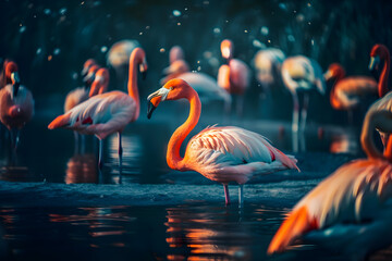 Fototapeta na wymiar Flock of flamingos many individuals on the lake. Generative AI.