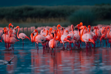 Naklejka na ściany i meble Flock of flamingos many individuals on the lake. Generative AI.