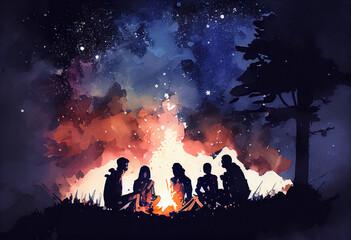 A group of friends sitting around a bonfire under a canopy of stars, watercolor style Generative AI
