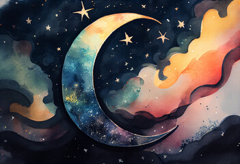 A close-up of a crescent moon with stars in the background, creating a celestial composition, watercolor style Generative AI