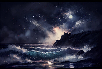 A nighttime seascape with waves crashing against the shore and stars twinkling overhead, watercolor style Generative AI