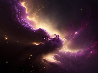 Obraz na płótnie Canvas Purple and gold nebula with stars. Fantasy galaxy generative AI background