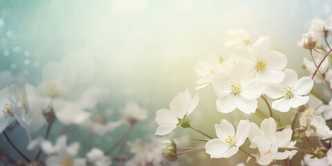 Spring border or background art with white blossom. Beautiful nature scene with blooming flowers and sun flare generative ai