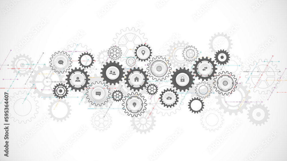 Poster information technology concept with infographic elements and flat icons. cogs and gear wheel mechani