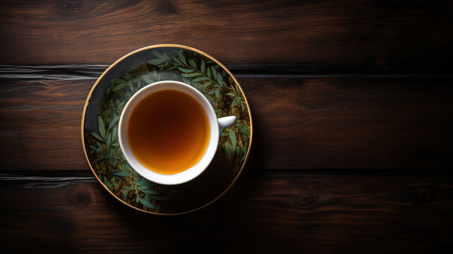 Cup of Tea. Hot black tea on a saucer, rustic wooden table background. Top View shot, Copy space
