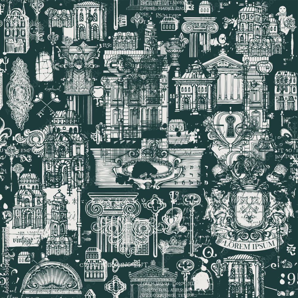 Poster abstract grunge seamless pattern on ancient architecture and art. hand-drawn vector background with 