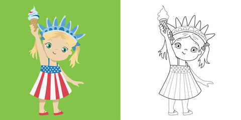 4th of July coloring page for kindergarten and preschool children. Coloring page a cute blond girl wearing liberty crown and holding an ice cream. America Independence Day colouring sheet. Vector file