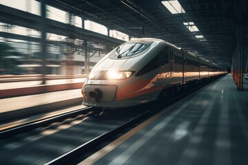 Fototapeta na wymiar Sleek bullet train zooming on the tracks. Generative AI