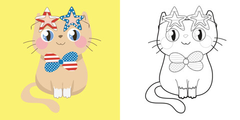 4th of July coloring page for kindergarten and preschool children. kawaii and cute light orange kitten wearing glasses and bow tie of American flag design for fourth of July. Vector file.