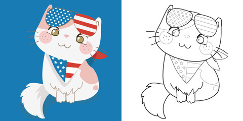 4th of July coloring page for kindergarten and preschool children. kawaii and cute orange kitten wearing glasses and bow tie of American flag design for fourth of July. Vector file.