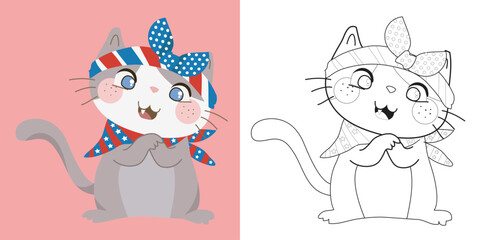 Obraz na płótnie Canvas 4th of July coloring page for kindergarten and preschool children. kawaii and cute grey kitten wearing headband and scarf of American flag design for fourth of July. Vector file.