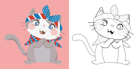 4th of July coloring page for kindergarten and preschool children. kawaii and cute grey kitten wearing headband and scarf of American flag design for fourth of July. Vector file.
