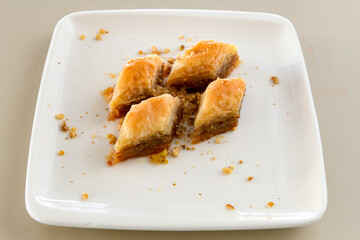 Turkish Dessert Sobiyet Baklava, mussels baklava and classic baklava with Pistachio . Didye, Cevizli, Fistikli Baklava, top view.