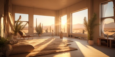 Desert interior design room with beautiful lightning generative ai