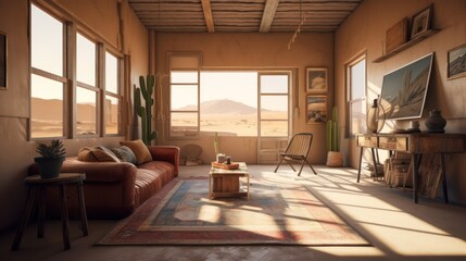 Fototapeta na wymiar Desert interior design room with beautiful lightning generative ai