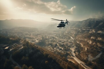 Fototapeta na wymiar A helicopter descends for landing amidst digital scenery. Generative AI