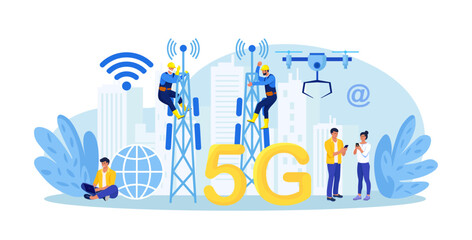 5G Network Wireless Technology. People Using New Generation Networks for Communication by Gadgets. Workers on Transmitter Tower Set Up High-speed Mobile Internet. Wireless Telecommunication Service