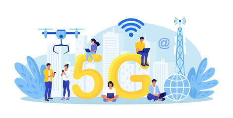 5G Network Wireless Technology. High-speed Mobile Internet. People Using New Generation Networks for Communication by Gadgets. Characters Near Big 5G Sign. Wireless Mobile Telecommunication Service