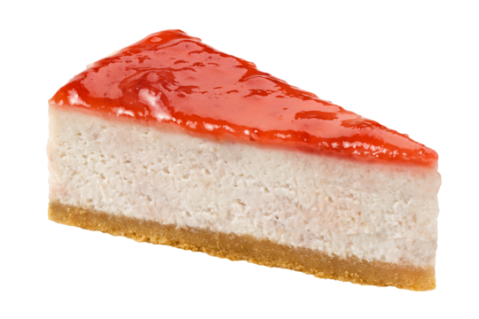 Piece of Strawberry cheesecake isolated on white background, full depth of field