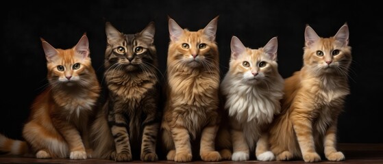 Portrait of a group of beautiful cats close-up on an isolated background. Generative AI