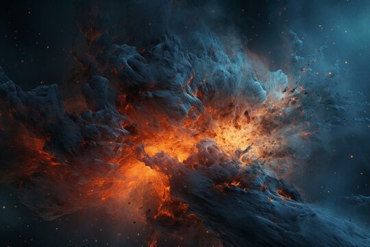 Artificial intelligence generated space art with a blue and orange galaxy and nebula background. Generative AI © Ayub