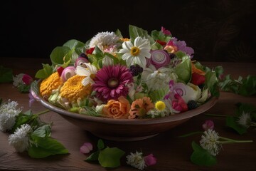 Obraz na płótnie Canvas Flower Salad, Edible Flowers Dish, Pansy Salat, Abstract Generative AI Illustration