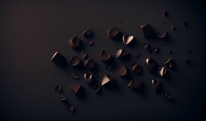 Virutas de chocolate negro sobre mesa plana en una fábrica artesanal