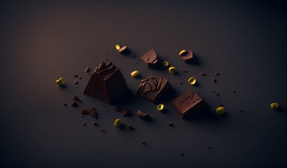 Virutas de chocolate negro sobre mesa plana en una fábrica artesanal de cacao