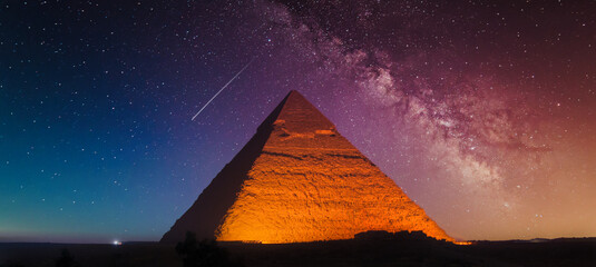 The Keops pyramid from Giza at fantastic purple night with the Milky Way in the sky - obrazy, fototapety, plakaty