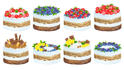 A set of cream cakes decorated with chocolate, berries and fruits. Wedding, birthday, anniversary design. Watercolor holiday clipart for greeting cards, invitations, menus, logos, fabric prints..