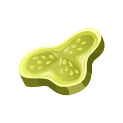 Fast food ingredient cut slice cucumber, salad piece. Street takeaway cafe, cooking, junk food. King size, classic american traditional cartoon snacks meals. Vector for banner, poster, menu, flyer